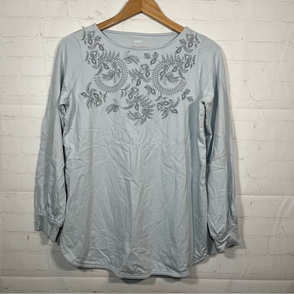 J. Jill Pure Jill Embroidered Tunic Top Size XS Blue Round Neck Boho Cottage